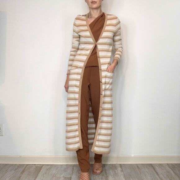 NWT L'AGENCE Marija metallic striped long cardigan duster tan button front 3045 - Picture 5 of 11